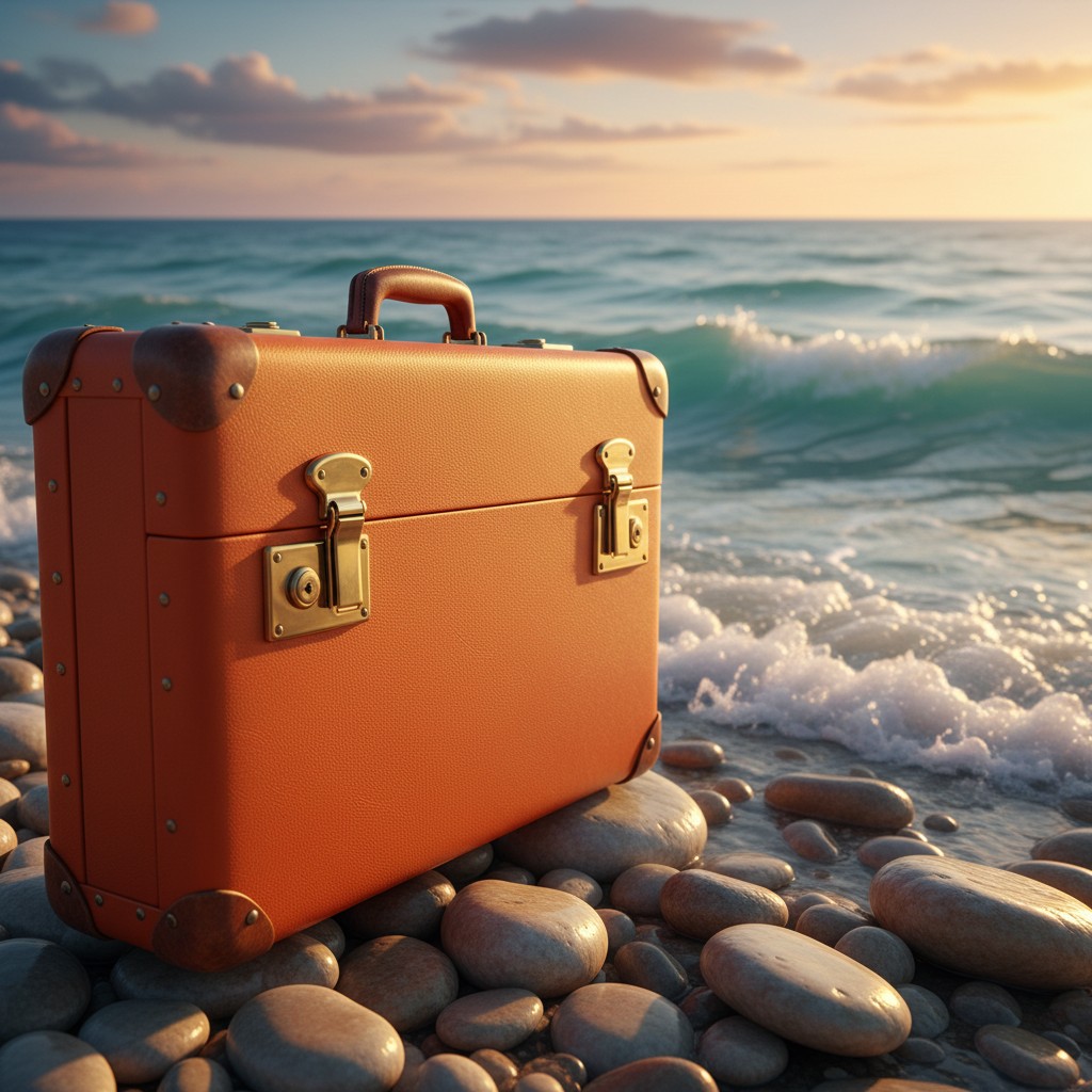 A leather suitcase sits on a rocky beach, with the ocean washing against the stones in the background. The sky above is ov...
